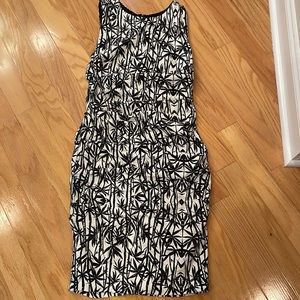 Nicole Miller Artelier Ruched Bamboo Print Linen Blend Fitted Dress